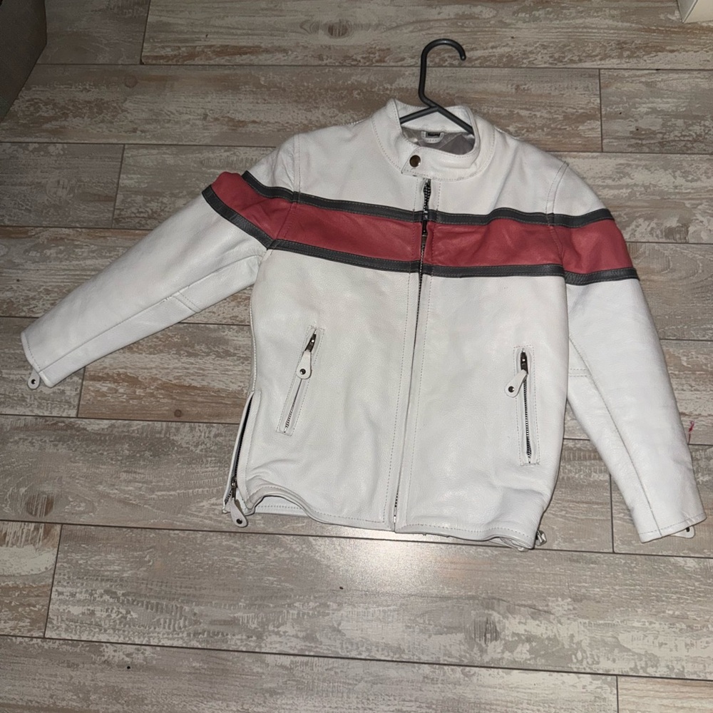 Kids White Leather Jacket with Pink Stripe -